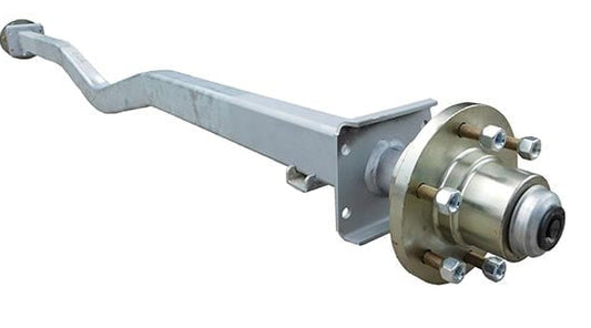 Metallic vehicle axle assembly on a white background